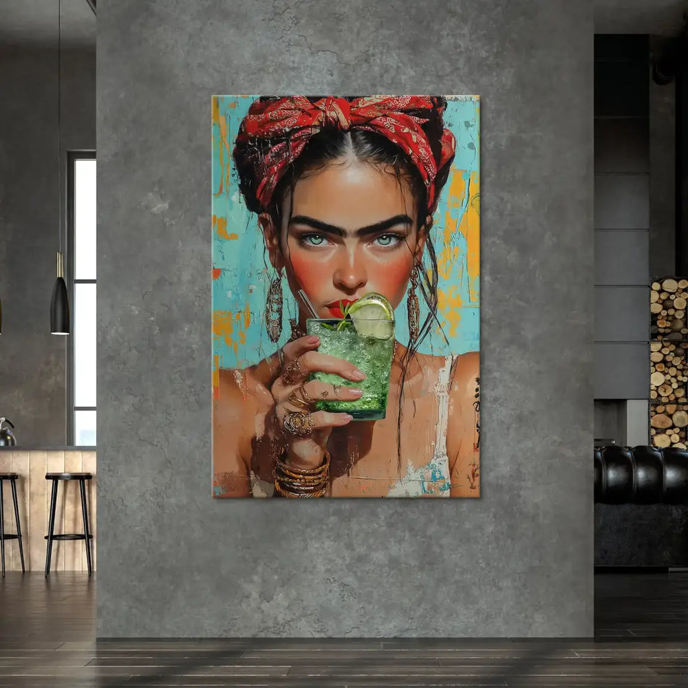 Close-up of facial features showing bold unibrow and red headscarf on mint canvas.
