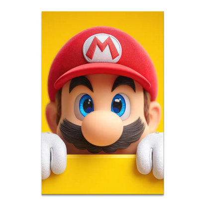 Close-up of Mario icon peeking from a bright yellow canvas backdrop, red hat and blue eyes.