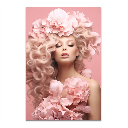 Rose Couture canvas portrait of a serene woman with pink curls and rose accents.