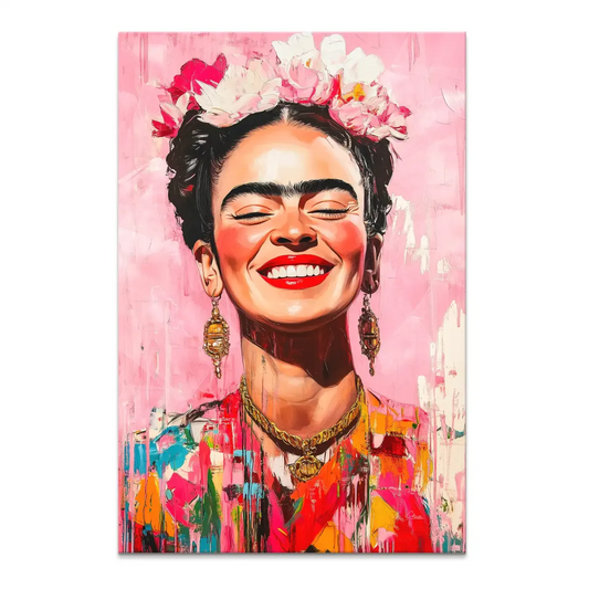 Frida Kahlo portrait on pink textured canvas with floral headpiece and gold jewelry