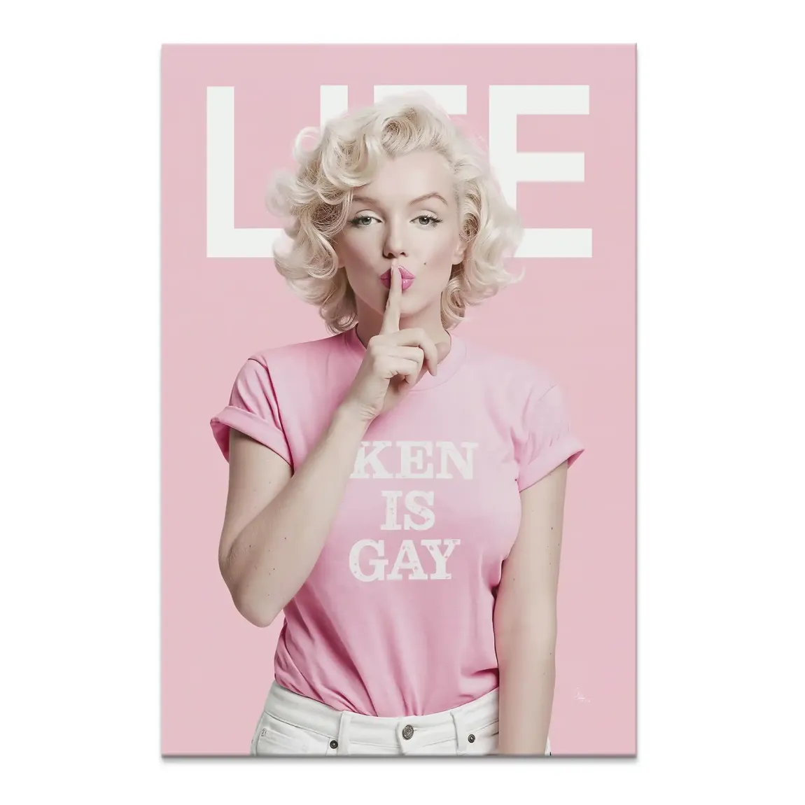 Reimagined Marilyn Monroe portrait on pink canvas with a white 'KEN IS GAY' tee