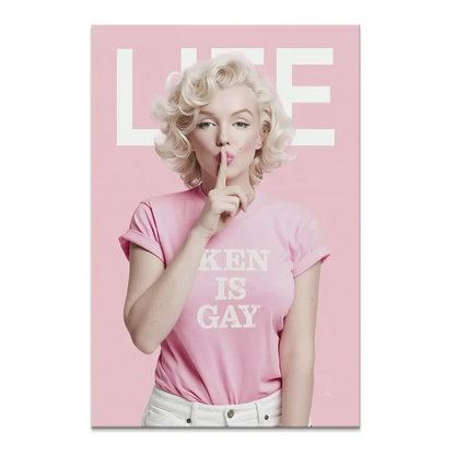 Reimagined Marilyn Monroe portrait on pink canvas with a white 'KEN IS GAY' tee