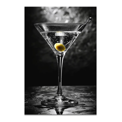 Centered martini glass on black canvas with a vivid olive accent