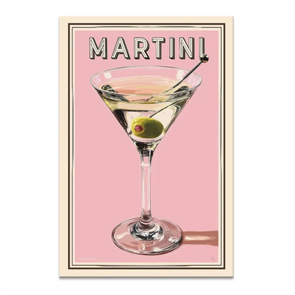 Classic martini glass with olive on a pale pink background and bold MARTINI! typography above