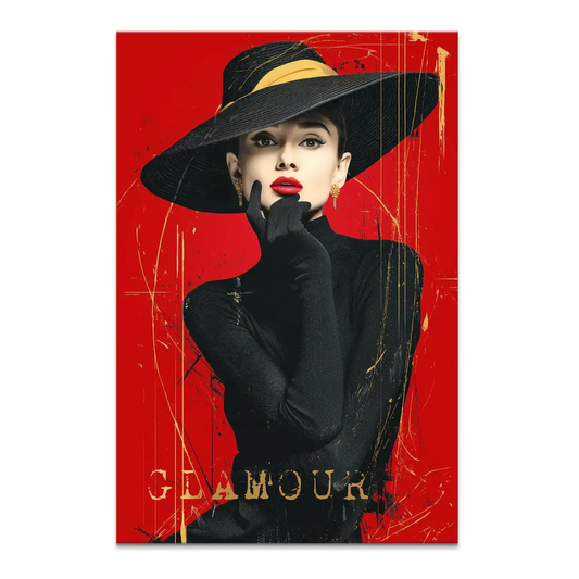 Audrey Hepburn-inspired portrait on a vibrant red canvas