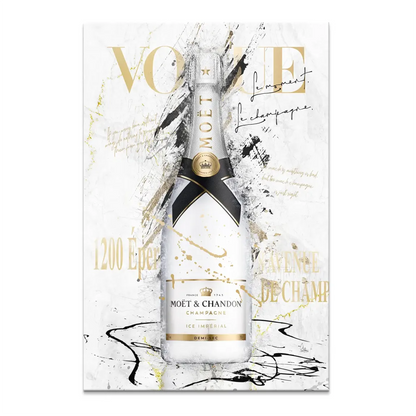 Champagne bottle canvas art with gold accents and black splatters on white background