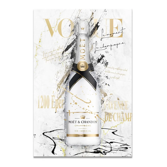 Champagne bottle canvas art with gold accents and black splatters on white background