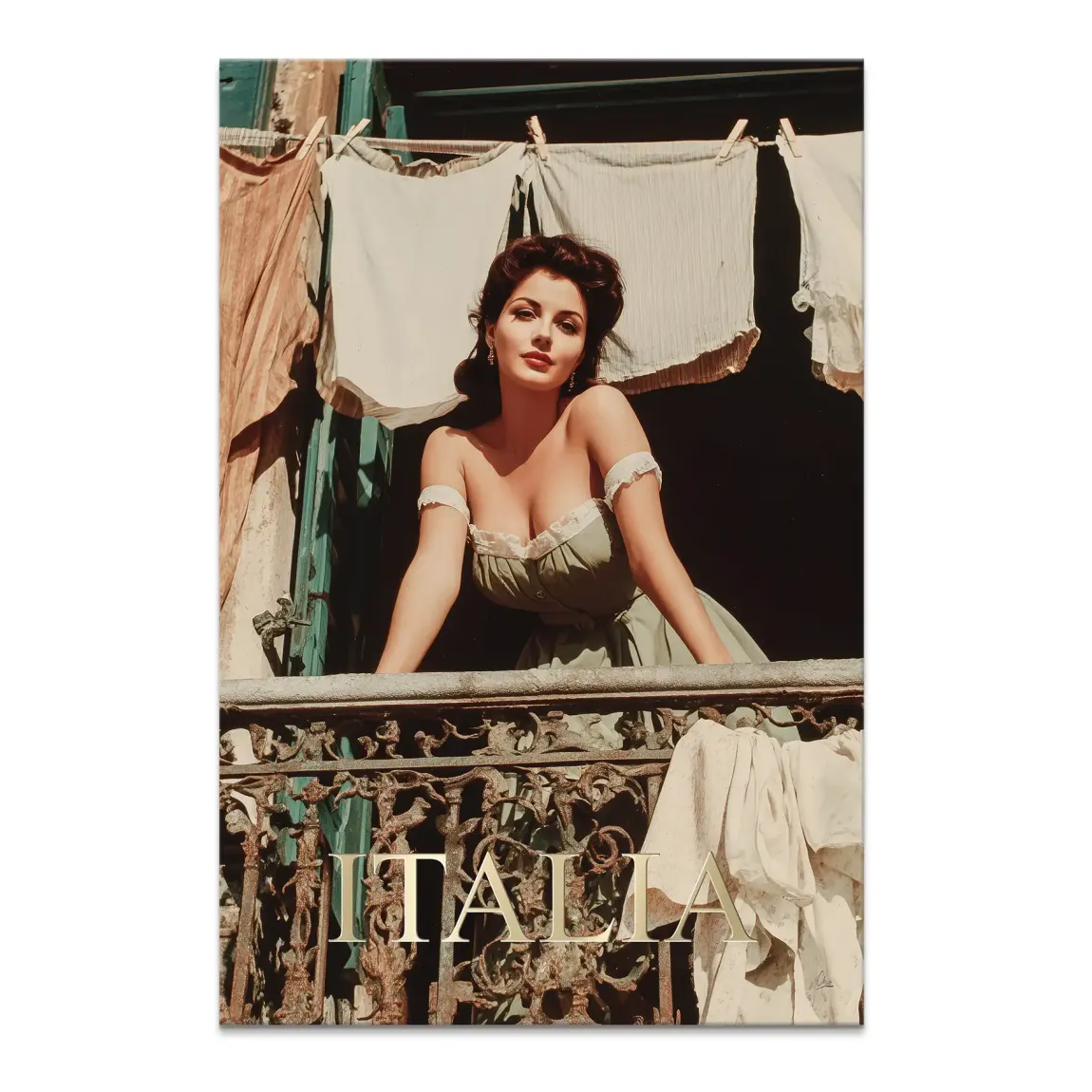 Beautiful woman on a rustic balcony with clothes hanging above, in olive-green and terracotta tones