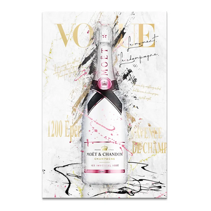 Glamorous champagne bottle canvas print with pink splatters and gold foil accents