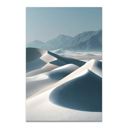 Minimal desert landscape with sweeping dunes in cool blues and greys on canvas