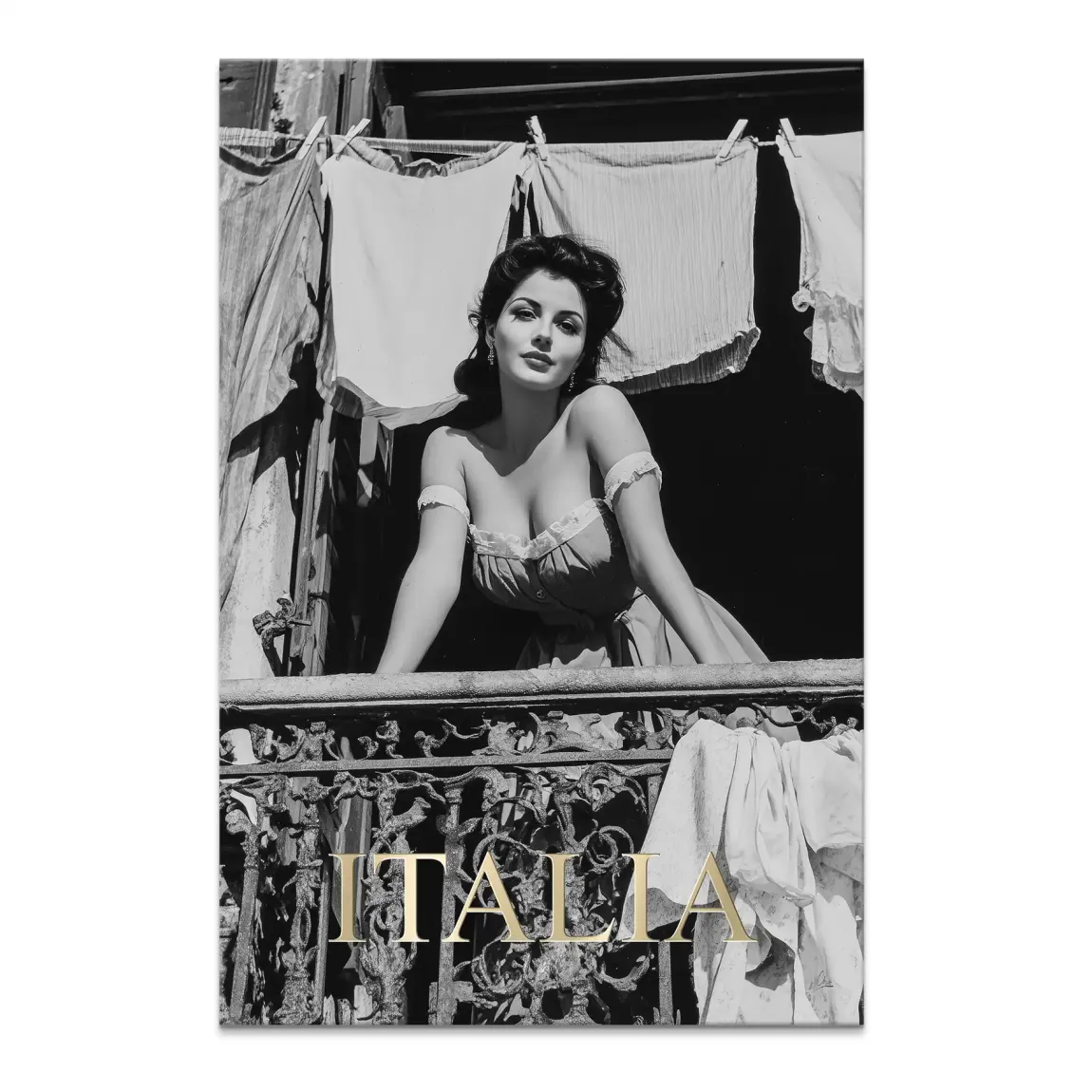 Black-and-white canvas portrait of a Beautiful Woman on a balcony