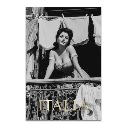 Black-and-white canvas portrait of a Beautiful Woman on a balcony
