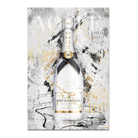 White champagne bottle motif at the center with gold splatters on a monochrome canvas.