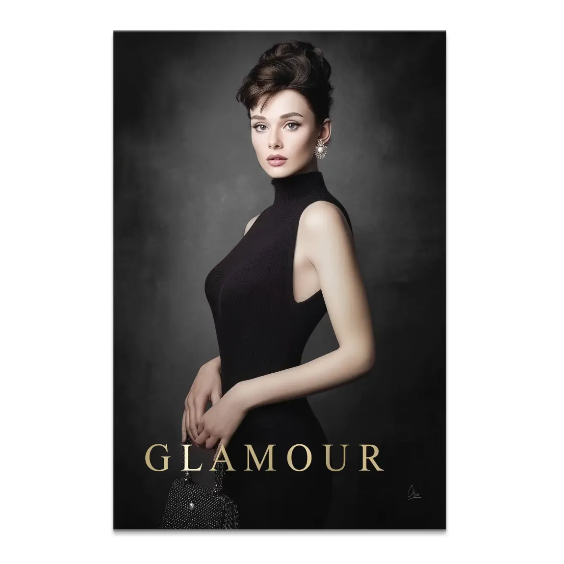 Audrey Glam Noir canvas portrait of a stylish woman in a black sleeveless turtleneck with a sparkling clutch