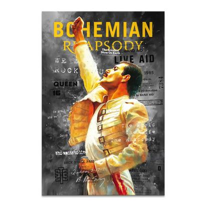 Dramatic Freddie Mercury canvas wall art with his arm raised in a grayscale backdrop.