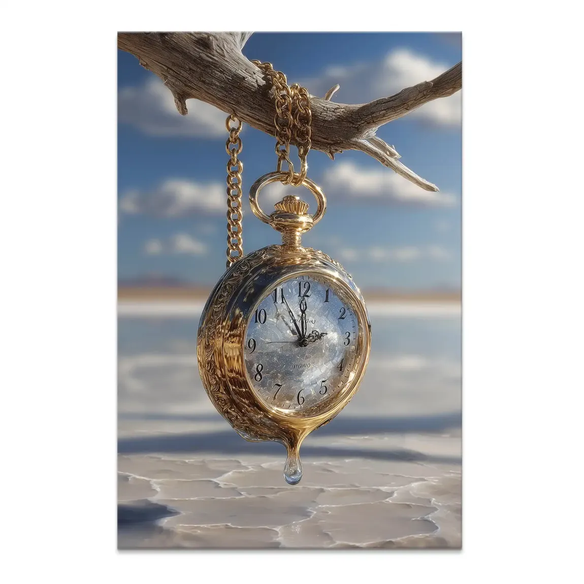 Dali Time canvas print with melting golden pocket watch on a branch against a pale landscape