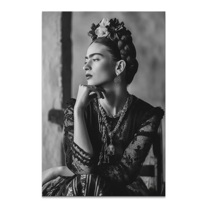 Frida Kahlo-inspired black-and-white portrait on canvas with braided hair and floral headpiece.