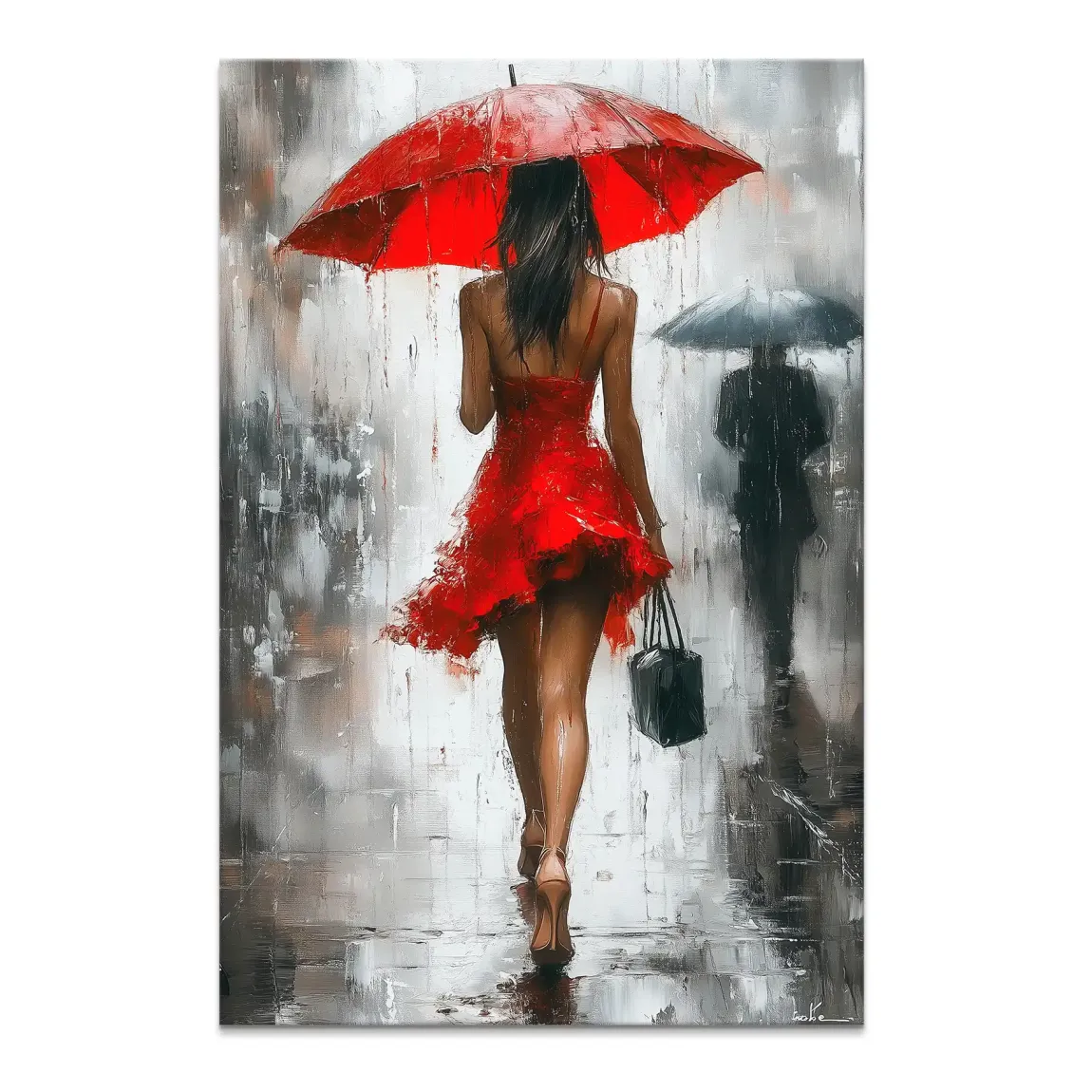 Stylish woman walking away in the rain with a red umbrella – canvas wall art