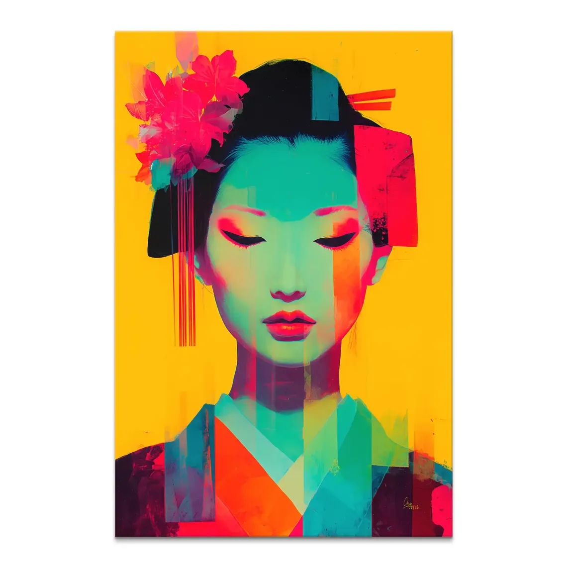 Geisha neon pop canvas painting with turquoise skin and fuchsia lips on a bright yellow background.