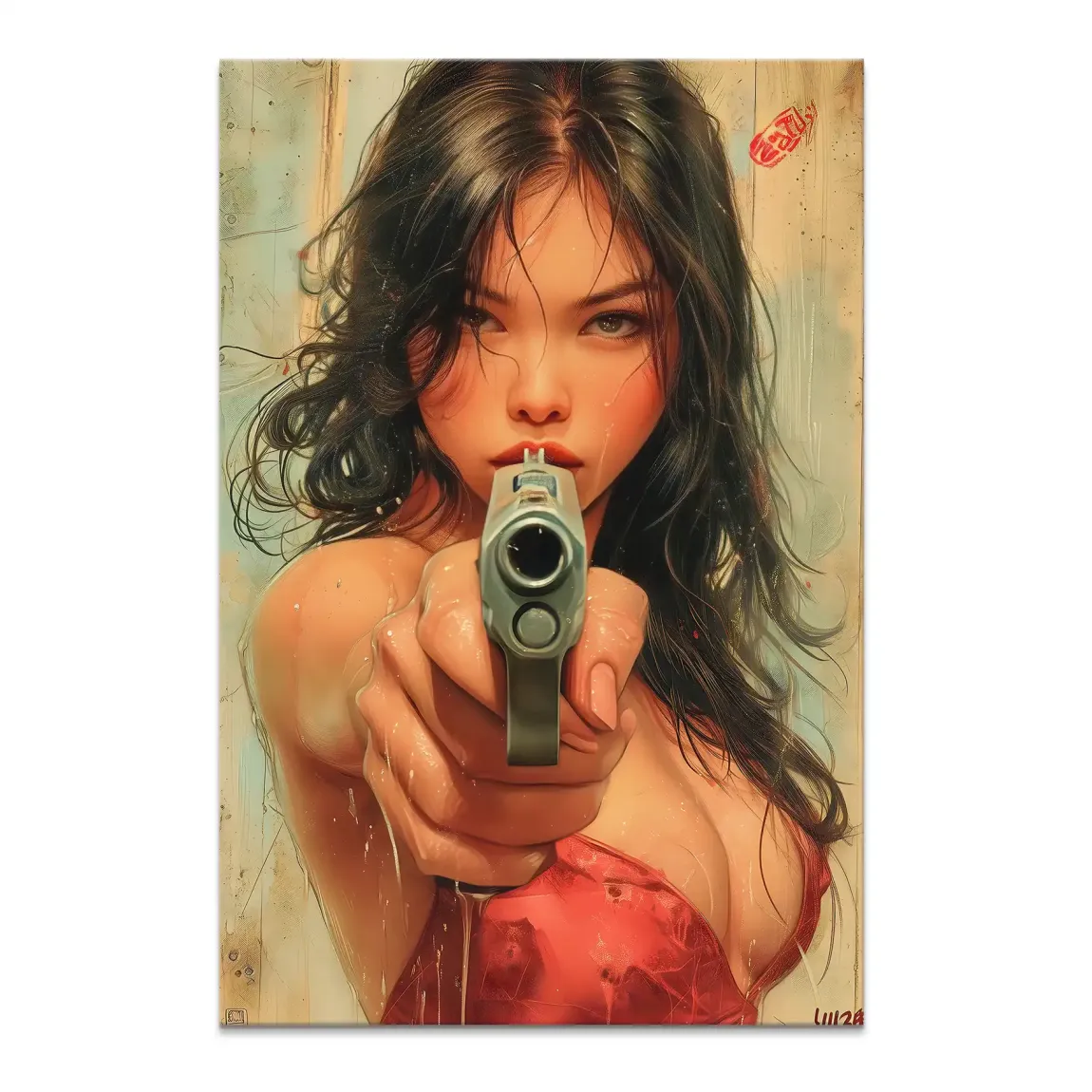Asian woman with intense eyes wearing a red top, pointing a handgun at the viewer in a rain-soaked city scene.