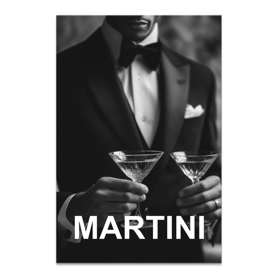 Martini Moment canvas art: a dapper man in a tuxedo holding two martini glasses in black and white.