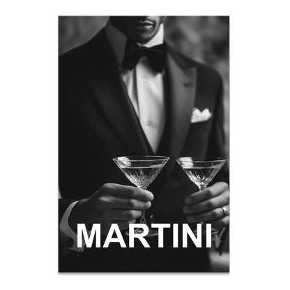 Martini Moment canvas art: a dapper man in a tuxedo holding two martini glasses in black and white.
