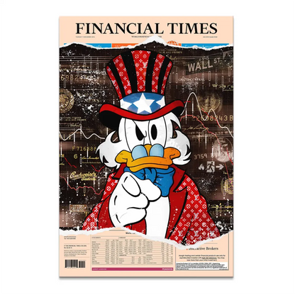Pop Art canvas featuring Scrooge McDuck in an Uncle Sam outfit, pointing, against a distressed Financial Times backdrop with finance graphs.