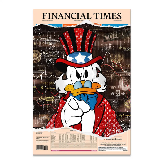 Pop Art canvas featuring Scrooge McDuck in an Uncle Sam outfit, pointing, against a distressed Financial Times backdrop with finance graphs.