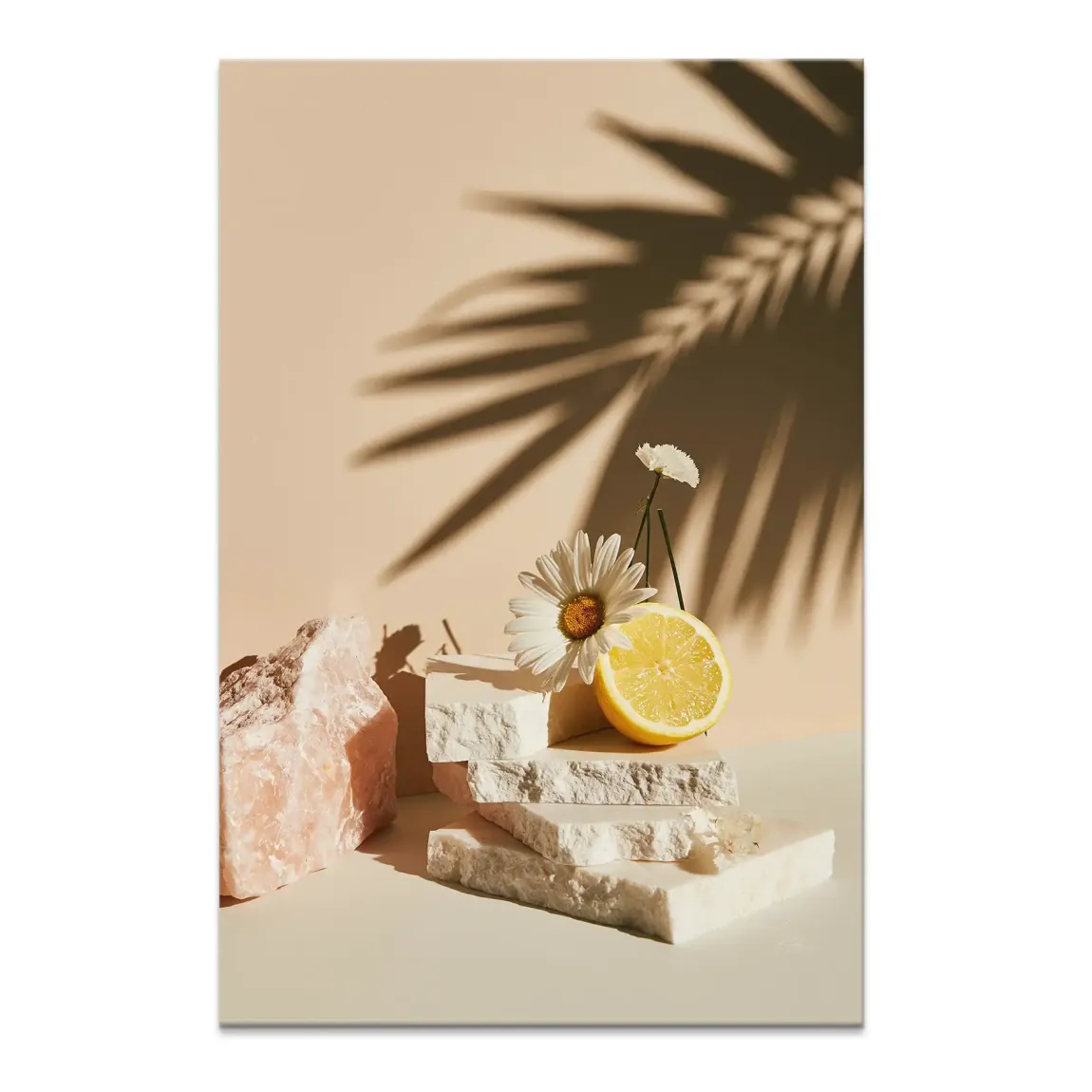Citrus Blossom Canvas Picture featuring a lemon half and white daisies atop natural white stones