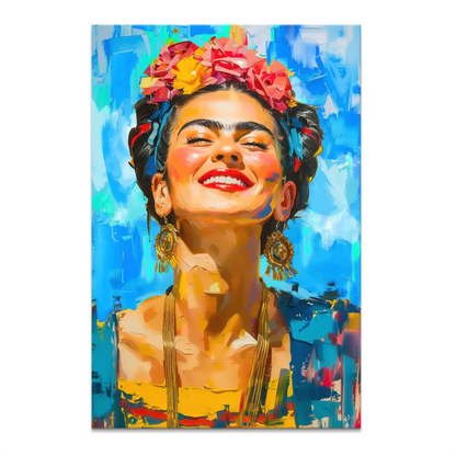 Frida Kahlo-inspired colorful life canvas portrait with flower crown against a vibrant blue background.