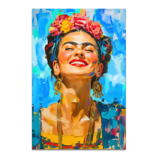 Frida Kahlo-inspired colorful life canvas portrait with flower crown against a vibrant blue background.