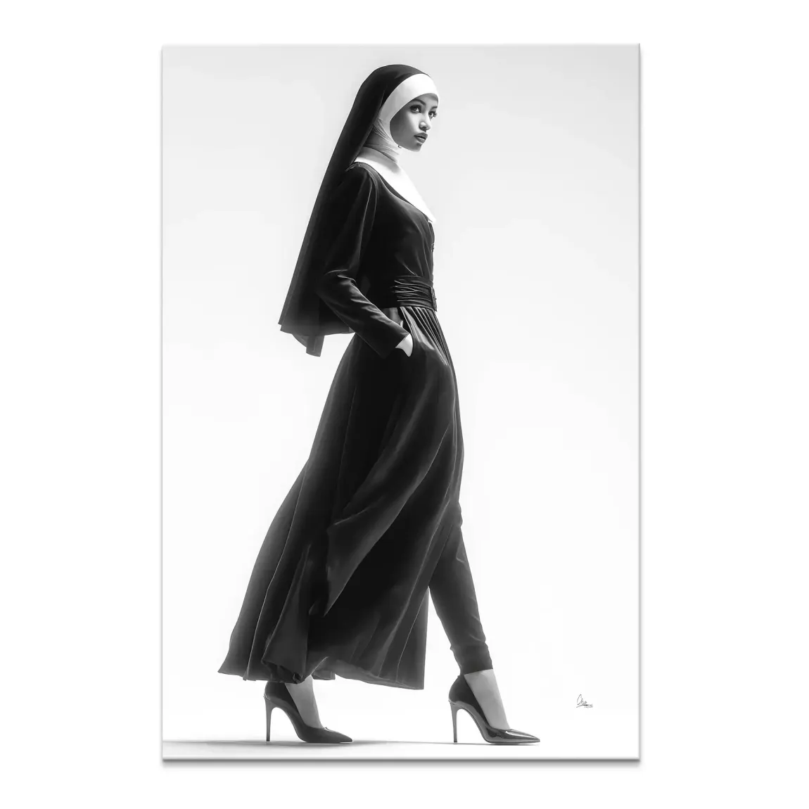 Monochrome canvas print of a nun in couture fashion with black habit, white coif, and veil, striding confidently in heels.