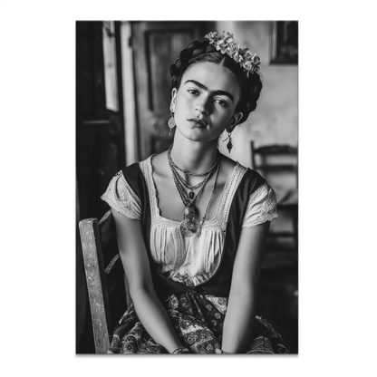 Black and white Frida Kahlo portrait on canvas wall art, seated with braided updo and floral headpiece, wearing traditional Mexican attire and a contemplative gaze.