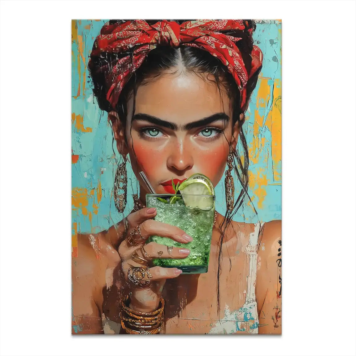 Frida Kahlo-inspired portrait on mint canvas print with unibrow, red headscarf, intense gaze, holding a mint cocktail, turquoise and orange background, textured brushstrokes and impasto.