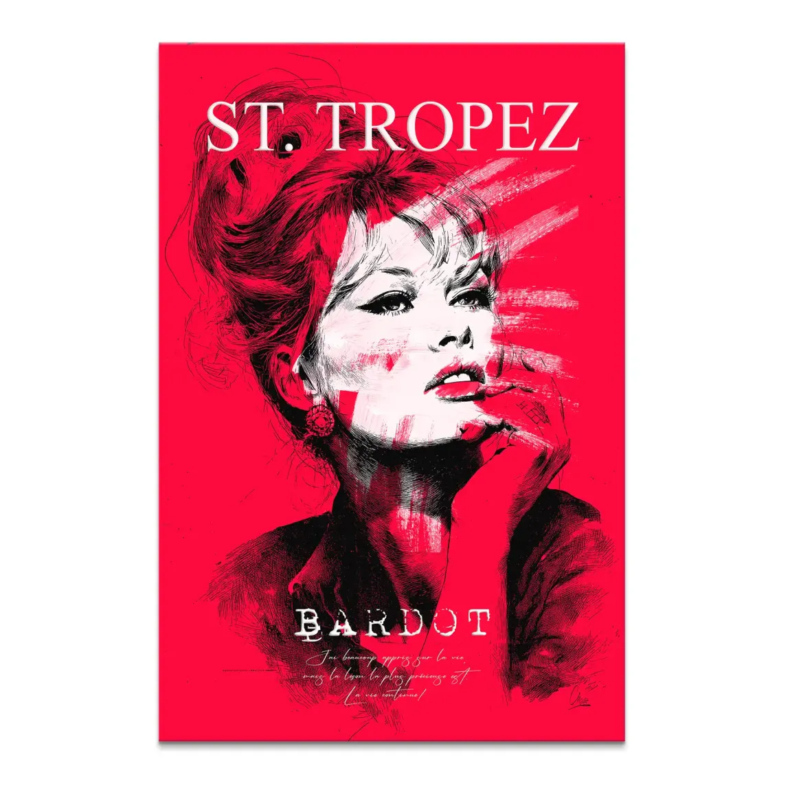 Vibrant pop art portrait of Brigitte Bardot on a bold red background with bold white ST TROPEZ typography
