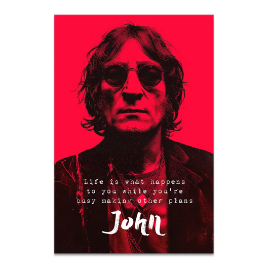 John Lennon red pop-art portrait on canvas with white text quote and round sunglasses