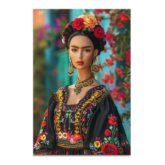 Frida Barbie canvas art: doll-like figure with unibrow, red and yellow rose floral headdress, black embroidered Mexican dress, and gold jewelry against teal background.