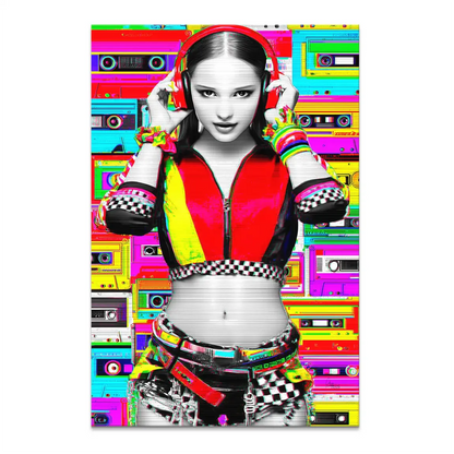 Retro DJ Girl canvas artwork featuring a stylish woman with red headphones