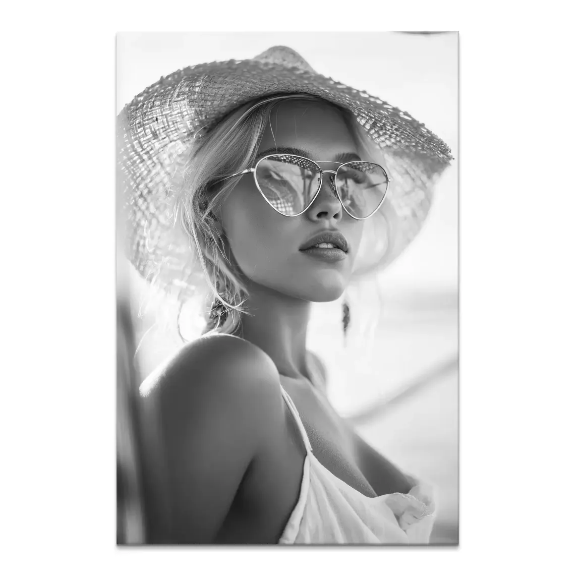Monochrome portrait of a chic woman wearing a wide-brim hat and heart-shaped sunglasses, film-noir inspired Summer Glam Noir canvas wall art.