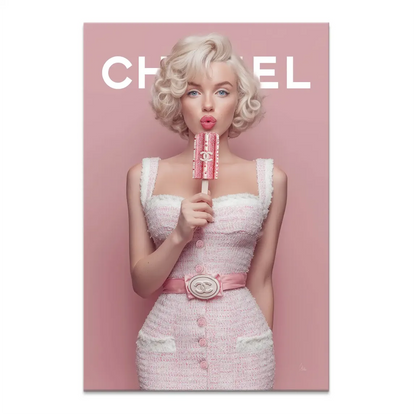 Glamorous pink-toned waist-up portrait wearing a textured pink tweed dress with a chic belt