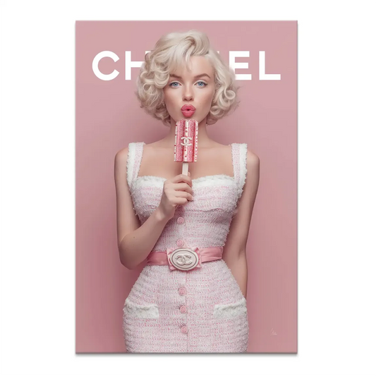 Glamorous pink-toned waist-up portrait wearing a textured pink tweed dress with a chic belt