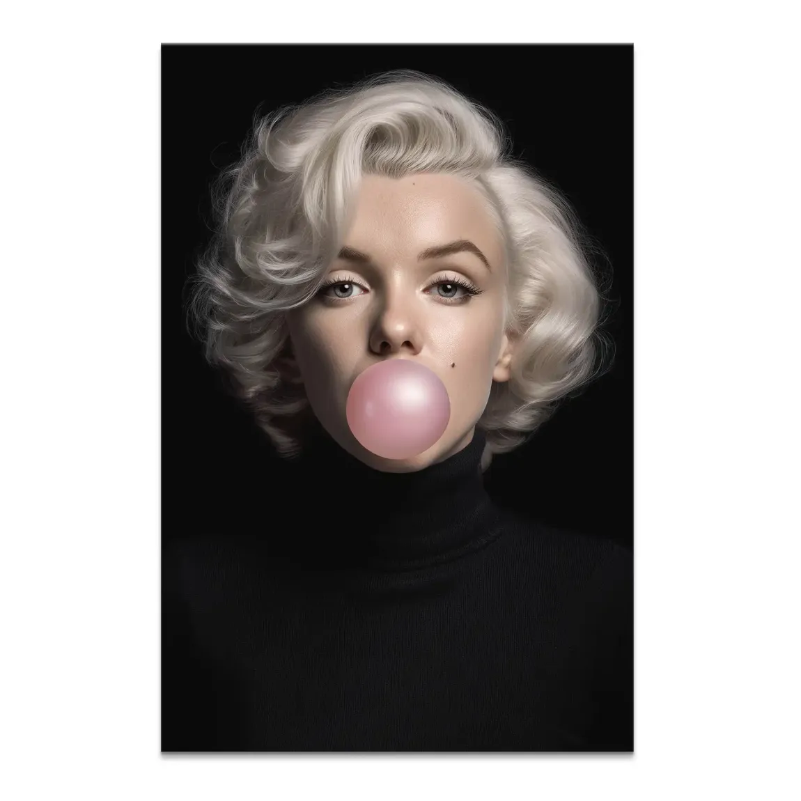 Marilyn-inspired bubblegum pink bubble portrait on black canvas
