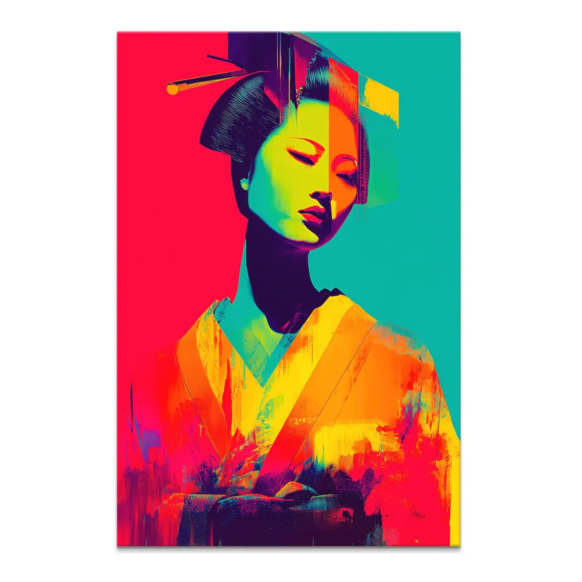 Geisha Pop Art canvas portrait with neon pink, teal, lime green on a two-tone background.