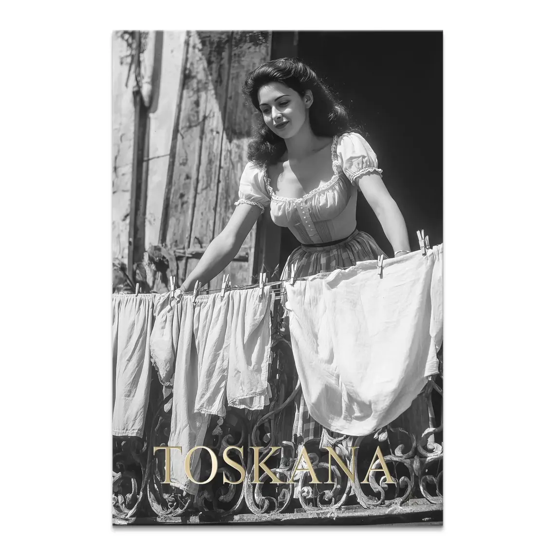 Black-and-white canvas print featuring a woman on a balcony wearing 1940s-50s fashion, with gold TUSCANY text.