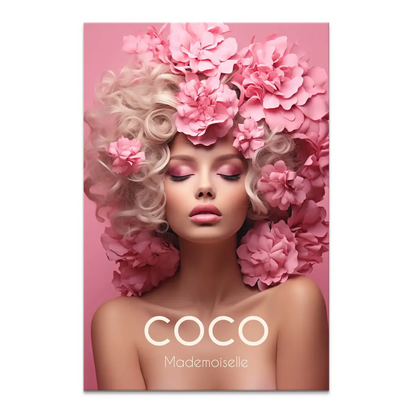 Coco Pink Elegance canvas print: glamorous woman with closed eyes, blonde curls and pink flowers on a soft pink backdrop