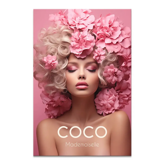 Coco Pink Elegance canvas print: glamorous woman with closed eyes, blonde curls and pink flowers on a soft pink backdrop