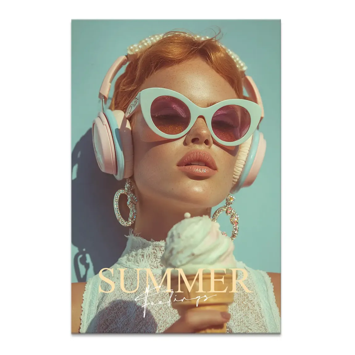 Vibrant summer-themed canvas portrait of a chic woman wearing pink cat-eye sunglasses and pastel headphones against a light blue background, holding an ice cream.
