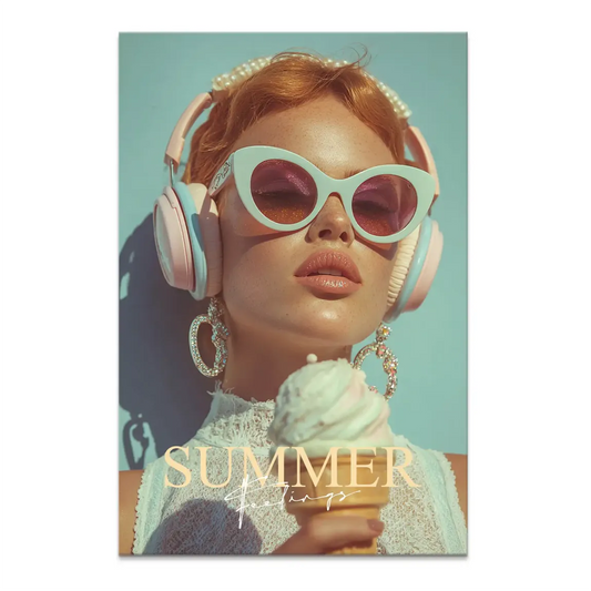 Vibrant summer-themed canvas portrait of a chic woman wearing pink cat-eye sunglasses and pastel headphones against a light blue background, holding an ice cream.