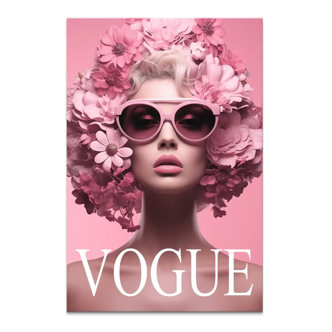 Glamorous woman with oversized pink sunglasses and a floral pink headpiece on a soft pink background