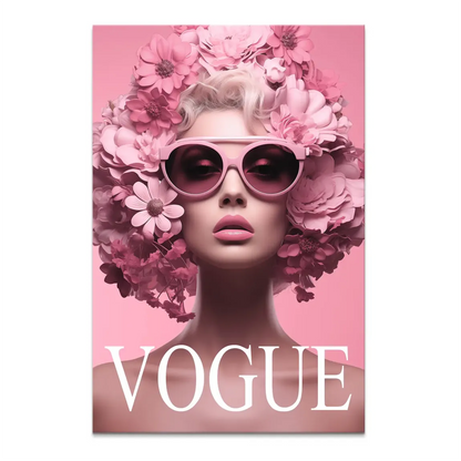 Glamorous woman with oversized pink sunglasses and a floral pink headpiece on a soft pink background